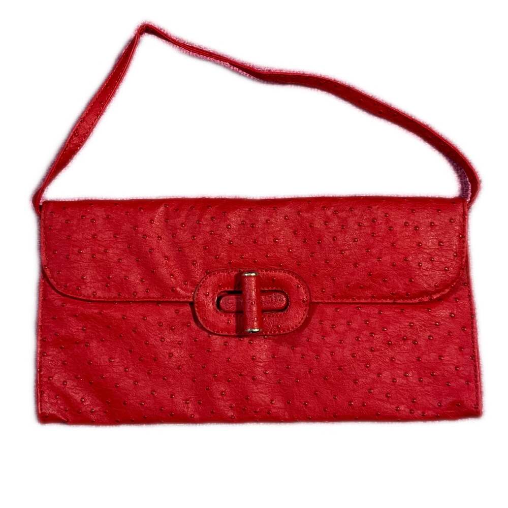 Red Ostrich Embossed Shoulder Bag with Silver Clasp